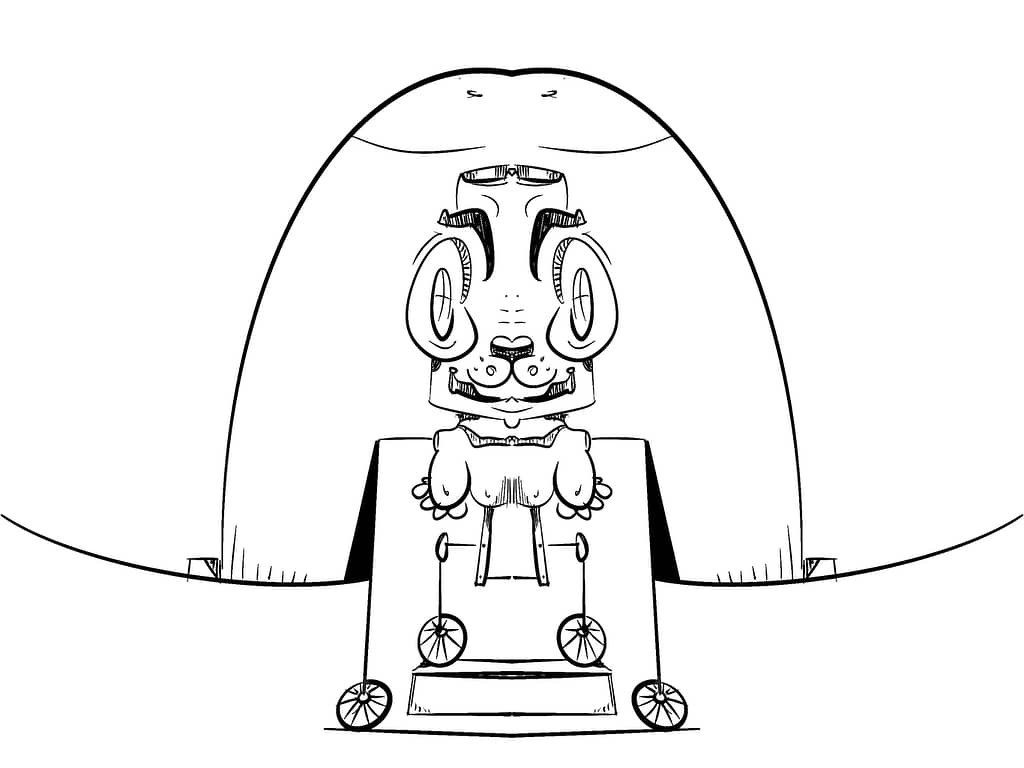 Animal like character attached to bicycle wheels