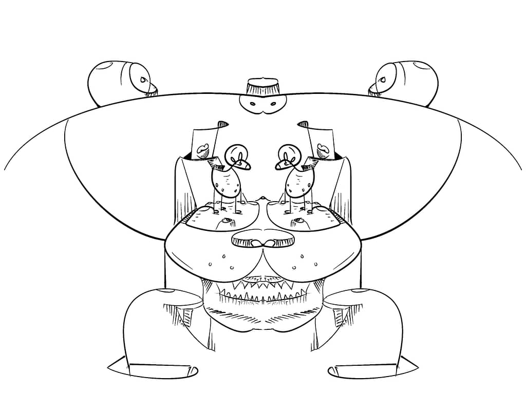 Multiple figures centered and looking at each other