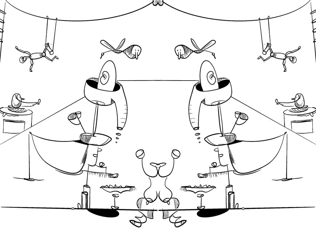 Circus tent environment with imaginative figures