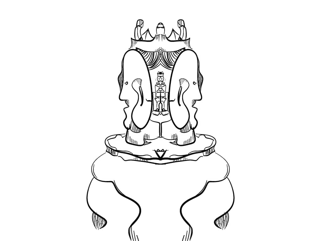 Human bust with two masks and inner humanoid sitting inside face