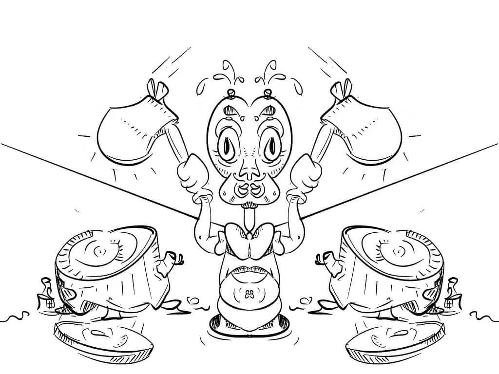 Cartoon figure with axes chopping tree trunks on left and right side