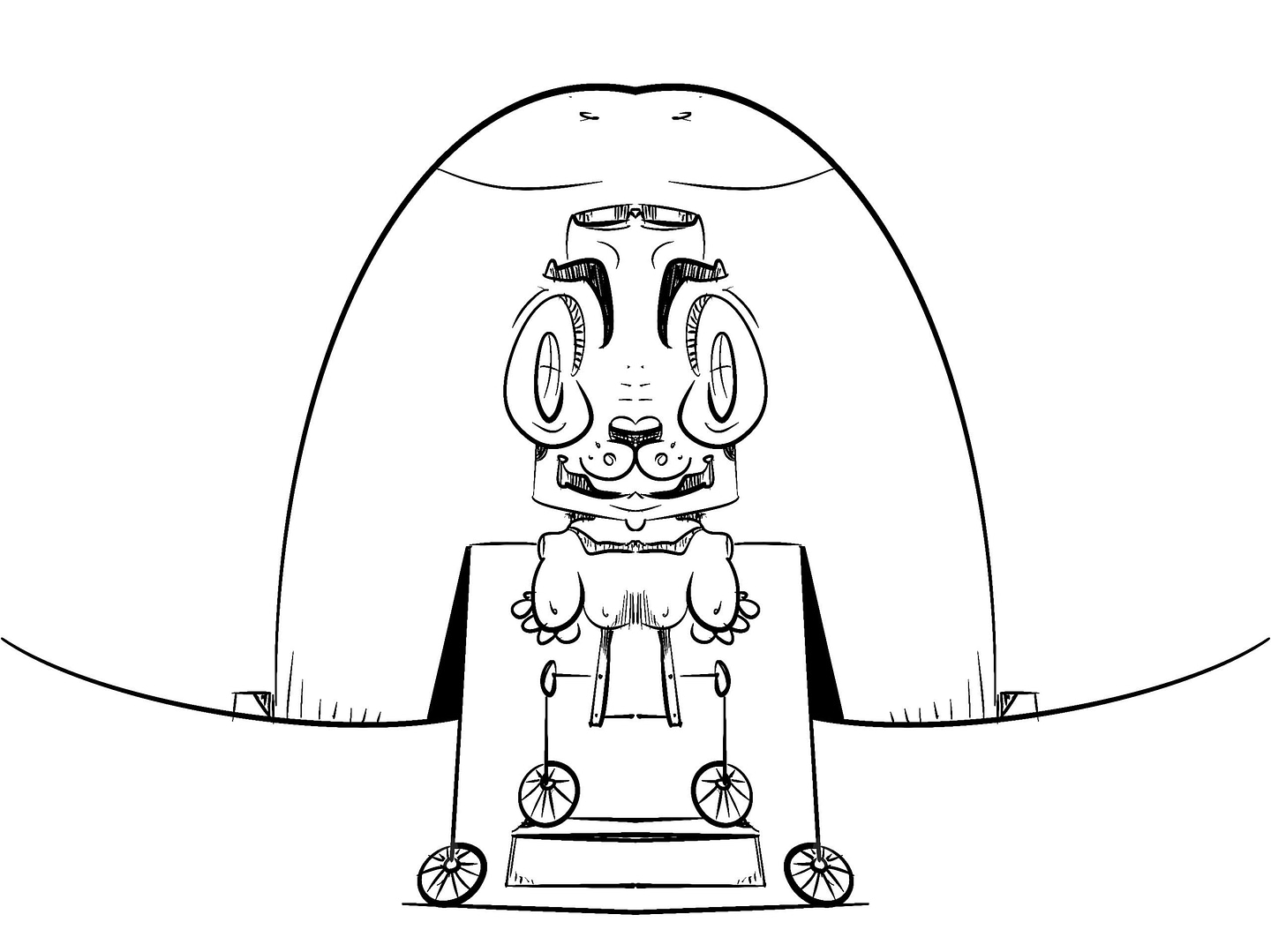 Animal like character attached to bicycle wheels