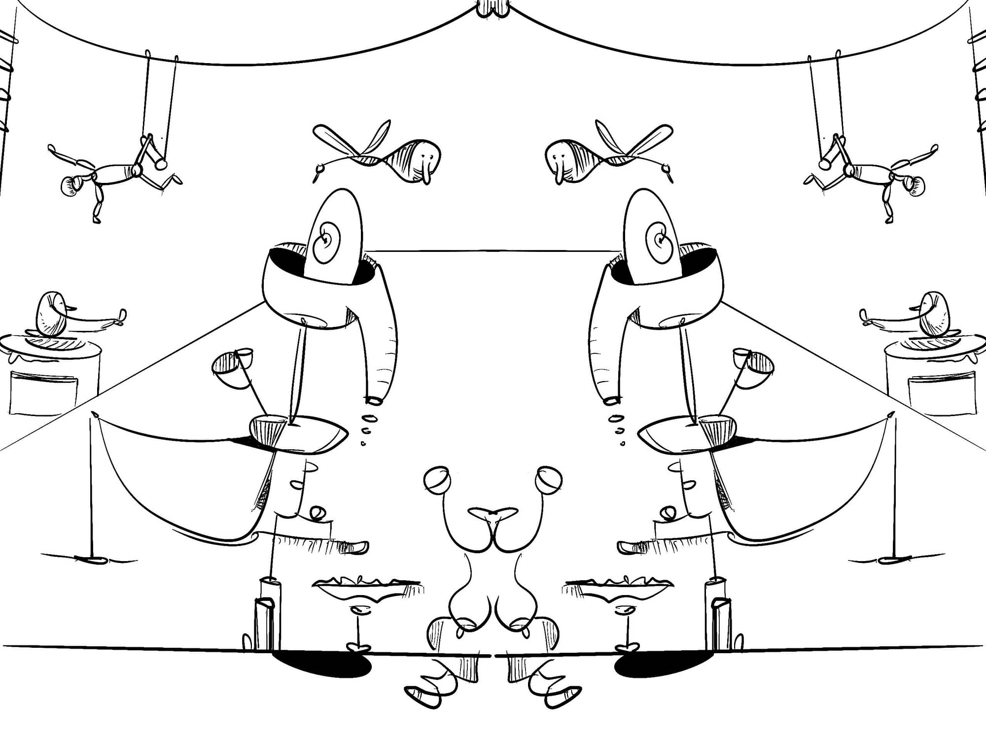 Circus tent environment with imaginative figures