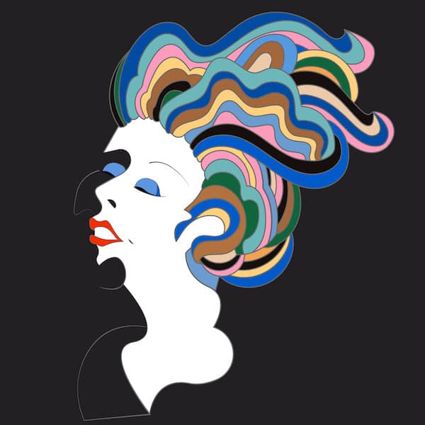 Vintage female illustration with multi colored hair