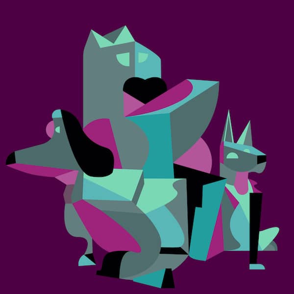 Three dogs made out of geometric shapes