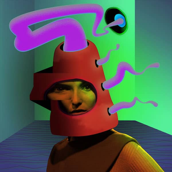 Figure centered in room with abstract hat