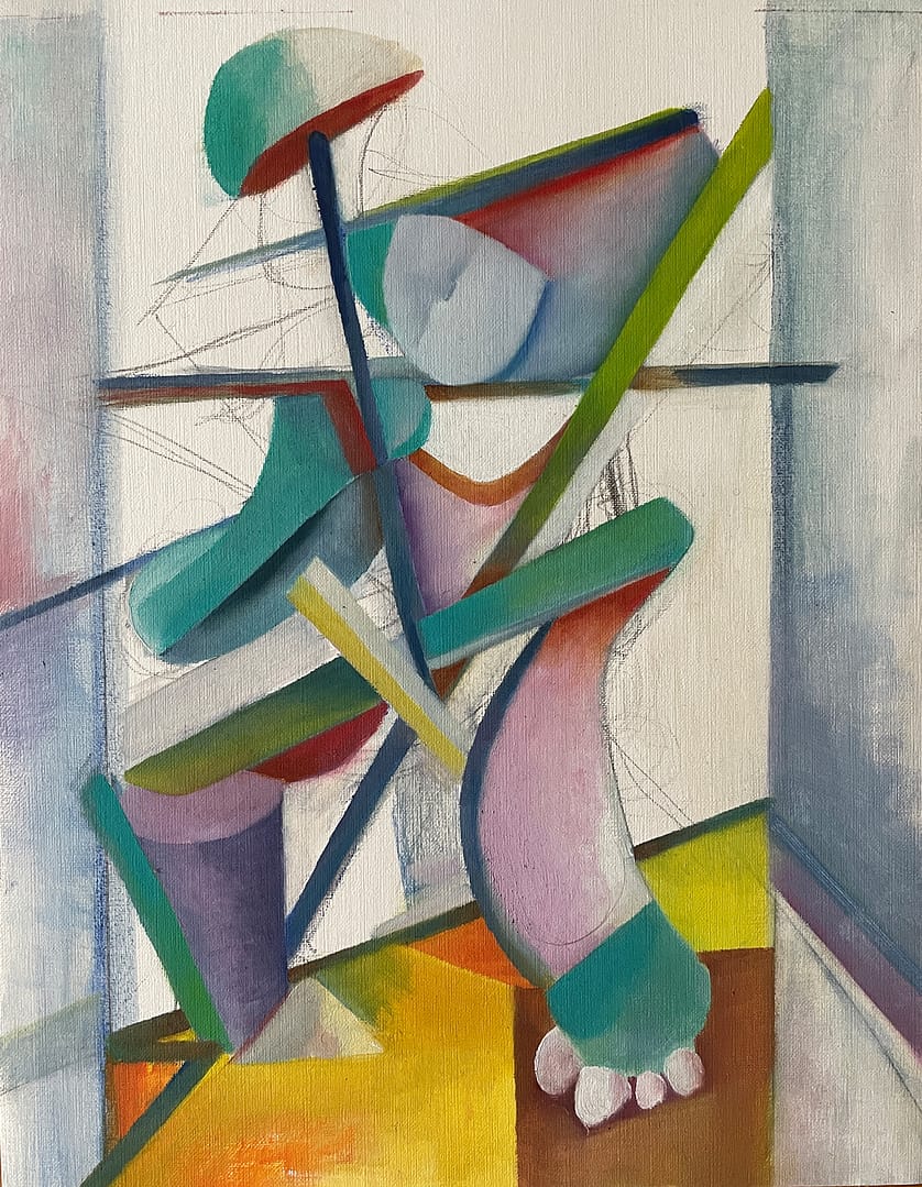 Abstract figure on stage between curtains