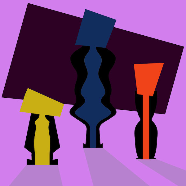 Three retro figures with shadows